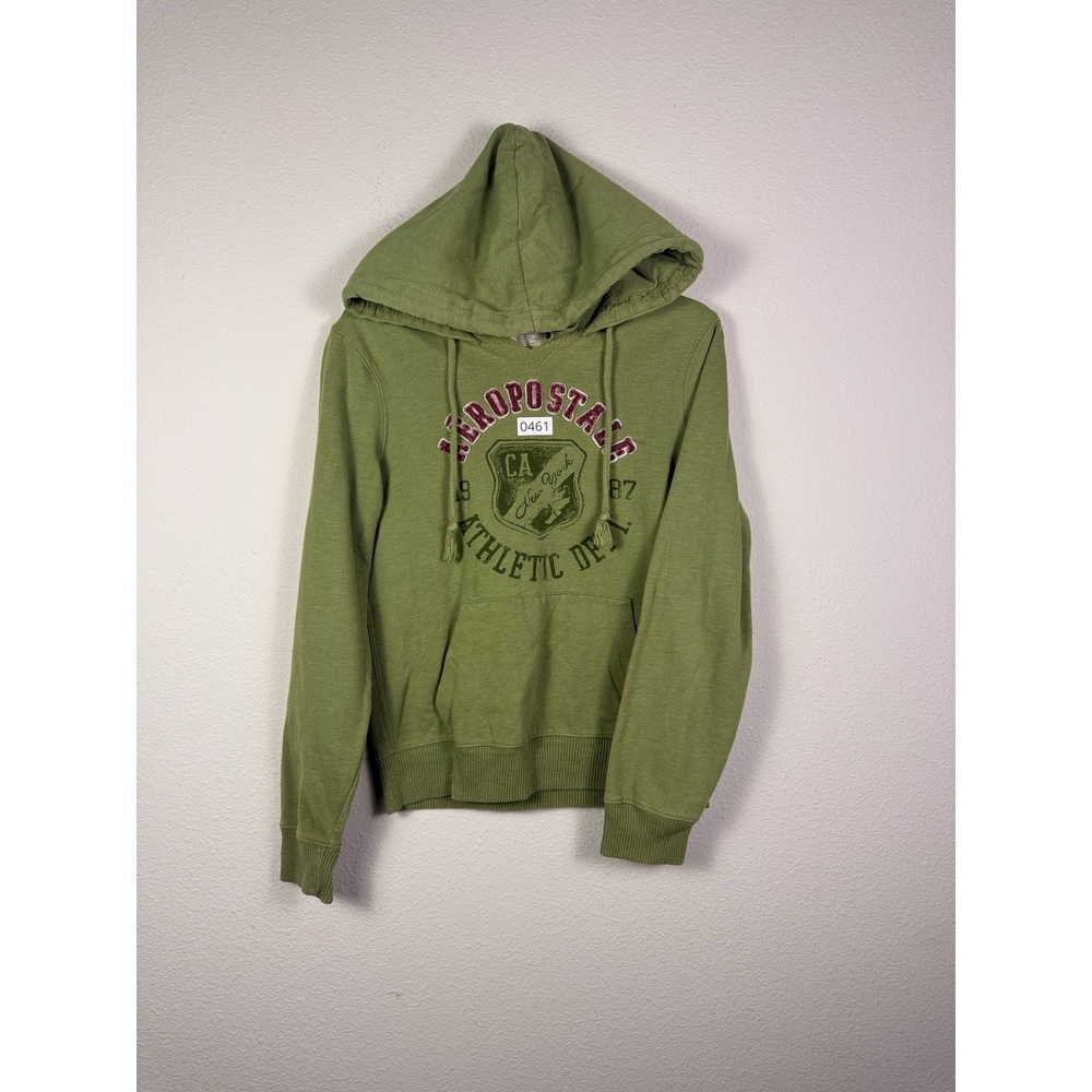 Vintage Y2K Aeropostale Hoodie Women Sz L Green Sweatshirt Spellout 2000s V Neck